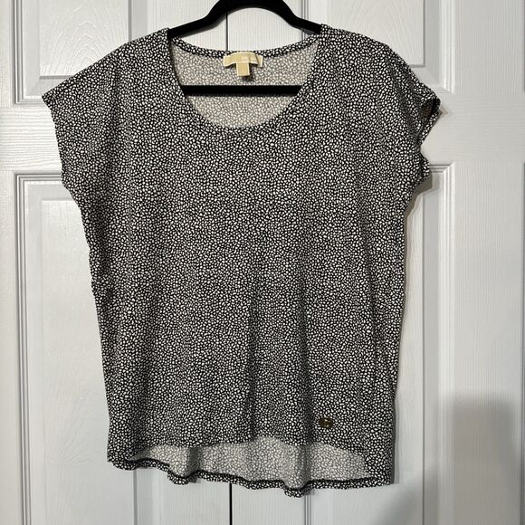 Michael Kors Women L Black and White Marble Print Hi-lo Top‎ With MK Medallion - Picture 1 of 7